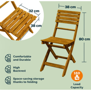 Wooden Bistro Set Rustic Garden Furniture 2 Seater Folding Chairs Storage Table - Image 6