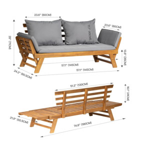 Wooden Garden Sofa Bed Outdoor Patio Day Sun Lounger Folding Cushion Bench Seat - Image 3